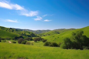 serene landscape with rolling hills, lush greenery and clear blue sky, created with generative ai