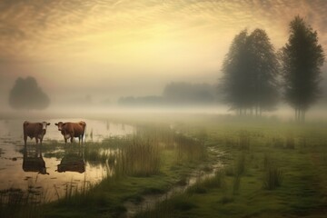 cows tail swishing in a misty morning meadow, created with generative ai