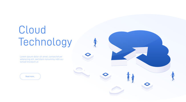 Cloud technology. Isometric cloud storage sign with two arrows up and down. Cloud computing, big data center, future infrastructure, digital ai concept. Virtual hosting symbol. 3d vector illustration