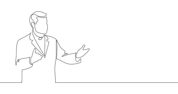 Animation of an image drawn with a continuous line. The priest extends his hands to the people. The pastor addresses the faithful. Church sermon.