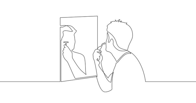 Animation of an image drawn with a continuous line. A man shaves his face in front of a mirror.