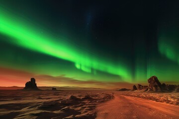 aurora borealis creating a surreal scene over a barren desert expanse, created with generative ai