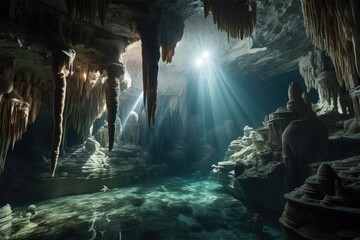 underwater cave full of stalactites and stalagmites, with fish swimming in the background, created with generative ai