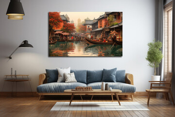 artwork cityscape in paint on wall background