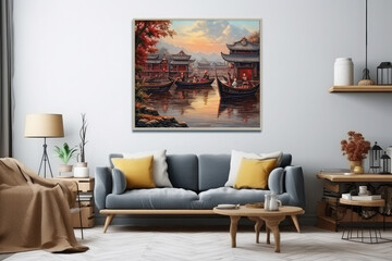 artwork cityscape in paint on wall background
