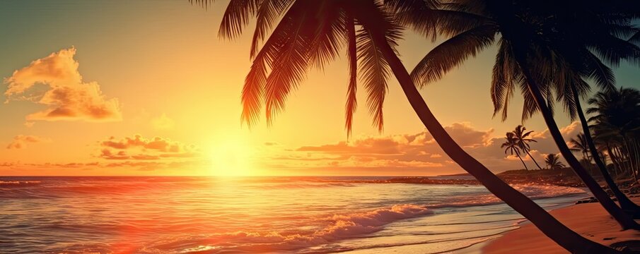 Beauty of beach oceans and romantic sunsets. Majestic palm trees, sunsets and beautiful seascape in paradise
