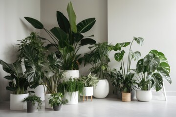a selection of indoor plants and greenery in a modern, minimalist setting, created with generative ai