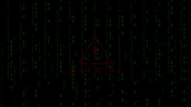 4k animation of warning with binary code technology background.concept of web developer. digital computer code. Programming. Coding.