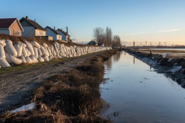 sandbags placed along the edge of a damaged levee, created with generative ai