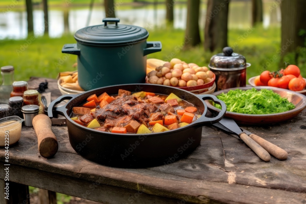 Poster cast iron dutch oven with stew on an outdoor picnic table, created with generative ai