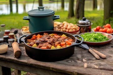 cast iron dutch oven with stew on an outdoor picnic table, created with generative ai