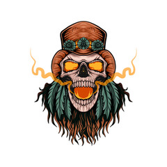 vector illustration of a skull head in a hat and cannabis leaf