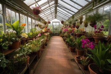 Fototapeta na wymiar greenhouse filled with orchids and bromeliads, created with generative ai