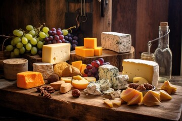 selection of aged cheeses on a rustic wooden board, created with generative ai