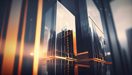 Background of future urban and corporate architecture. Real estate idea with bokeh, motion blur, and a reflection in a glass panel of a skyscraper facade Ai generated image