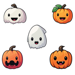 halloween sticker prints,pumpkin,ghost,skeleton,set of 5,cartoon style illustration drawing,Doodle design,ready to print,fully re-editable
