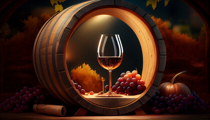 Obraz na płótnie Canvas Barrel of wine with wineglass, winery concept background Ai generated image