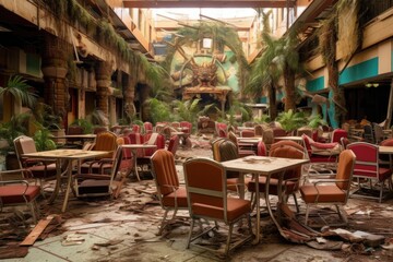Fototapeta na wymiar abandoned food court, chairs and tables in disarray, created with generative ai