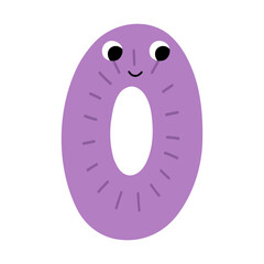 Cute number zero character for kids. Leaning numbers for preschool. Doodle number 0 in cartoon style. Vector illustration