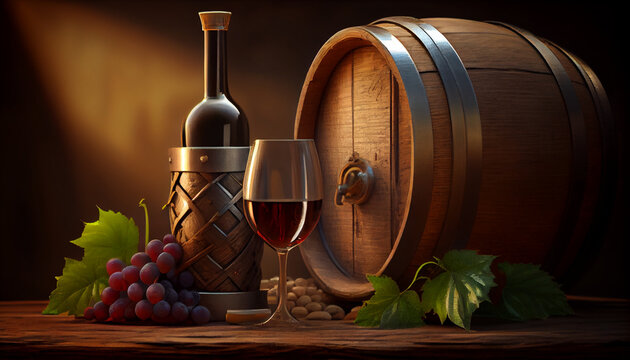 Barrel of wine with wineglass, winery concept background Ai generated image