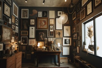 a gallery wall filled with art, books and curios, created with generative ai