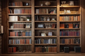 wooden wall with vintage bookcase and collection of books, created with generative ai