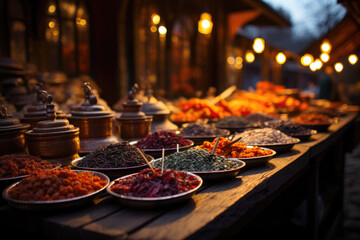 Naklejka premium Istanbul's Evening Delights. Bustling Spice Market at Nightfall in Turkey. Exotic Spices AI Generative. 