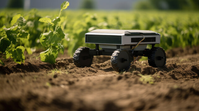 Agricultural efficiency and sustainability harmonize in this image, as a solar-powered agriculture robot works diligently in the field. AI generated