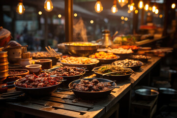 Evening Gastronomic Adventure. Bustling Food Market in Seoul, South Korea, at Sunset. Asian Cuisine AI Generative.
 - obrazy, fototapety, plakaty