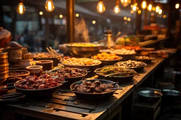 Fotobehang Evening Gastronomic Adventure. Bustling Food Market in Seoul, South Korea, at Sunset. Asian Cuisine AI Generative.  © Mr. Bolota