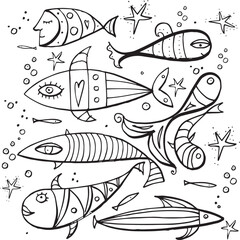 group of hand drawn funny fishes to color for coloring books, wallpapers, wrapping paper