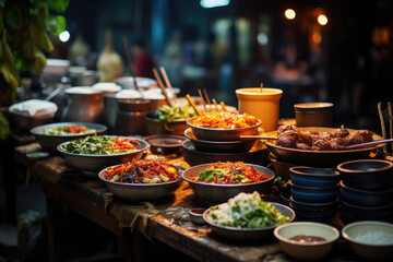 Obraz premium Ho Chi Minh Culinary Adventure. Bustling Street Food Market in Vietnam. Authentic Delights AI Generative. 