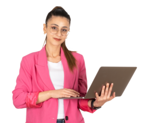 Girl holding in hands laptop, portrait of young caucasian brunette attractive confident girl holding in hands laptop. Isolated transparent, png, background. Copy space. Wearing pink jacket.