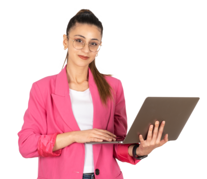 Girl holding in hands laptop, portrait of young caucasian brunette attractive confident girl holding in hands laptop. Isolated transparent, png, background. Copy space. Wearing pink jacket.