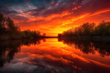 serene lake reflections during sunset, with sky showing vibrant hues of orange and red, created with generative ai