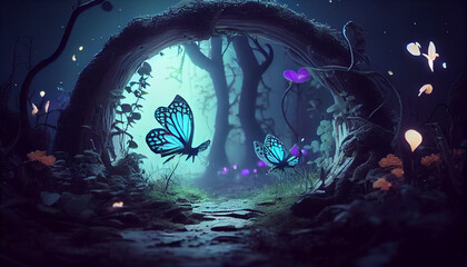 Beautiful and mysterious enchanted forest with mushrooms, fireflies, butterflies and other creatures and plants. Copy space in the middle, outdoor nature background Ai generated image