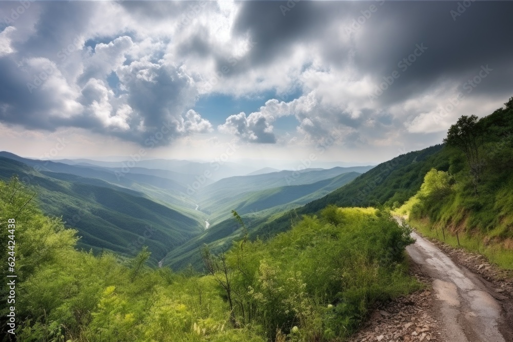 Poster stunning vista from a mountain road, with clouds and sky in the background, created with generative ai