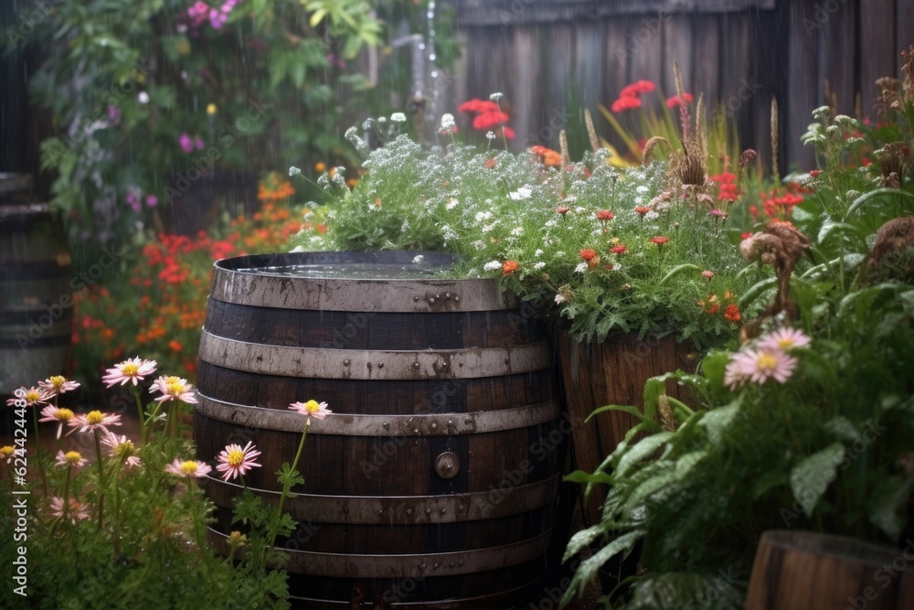 Sticker raindrops on an old barrel in a rustic garden, created with generative ai