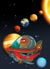 Cartoon funny colorful scene of cosmos galactic alien ufo space craft ship isolated illustration for children