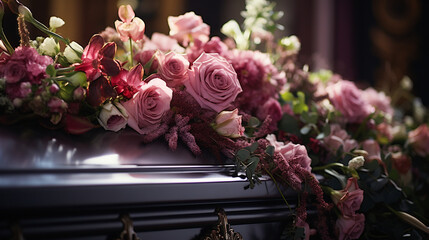 a white Flowers bouquet on a coffin in the funeral services made with AI generative technology