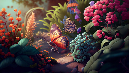 Beautiful fantasy garden with different flowers and butterfly. Blooming outdoor background Ai generated image