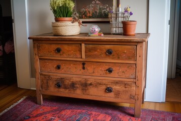 rustic wooden dresser, refinished and loaded with decorations, created with generative ai