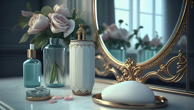 Beautiful luxury bathroom table with decorative and body care cosmetic products, flowers and mirror. Indoor horizontal background Ai generated image