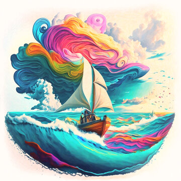 Psychedelic Pastel Illustration sailboat in the raging waves of the sea