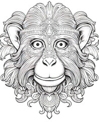 Mandala, black and white illustration for coloring animals, monkey.