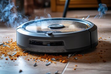 close-up of robot vacuum on carpet with dust particles, created with generative ai
