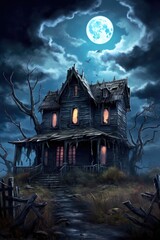 spooky haunted house with eerie moonlit sky, created with generative ai