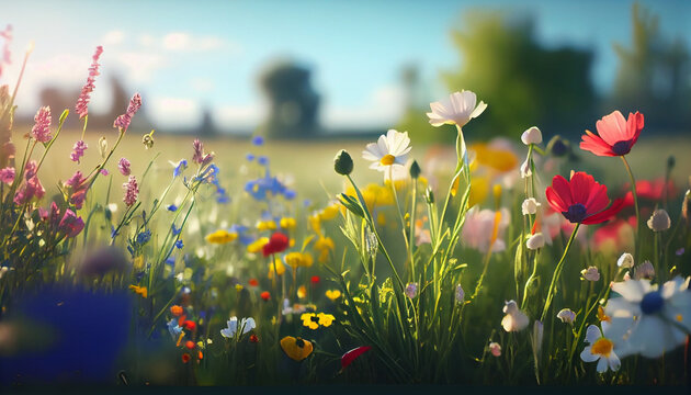 Beautiful spring blooming field with different flowers. Sunny meadow with wildflowers. Horizontal outdoor background Ai generated image