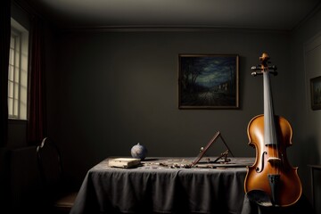 A Violin Sitting On Top Of A Table Next To A Vase