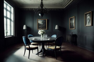 A Dining Room With A Table, Chairs And A Chandelier